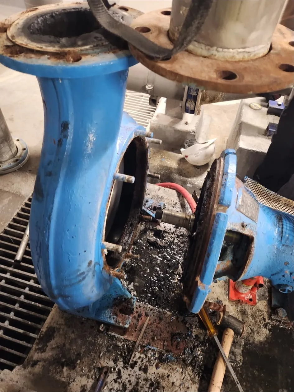 A centrifugal pump split open in situ, the volute and suction elbow drawn back from the casing to expose the back plate, shaft and mechanical seal.