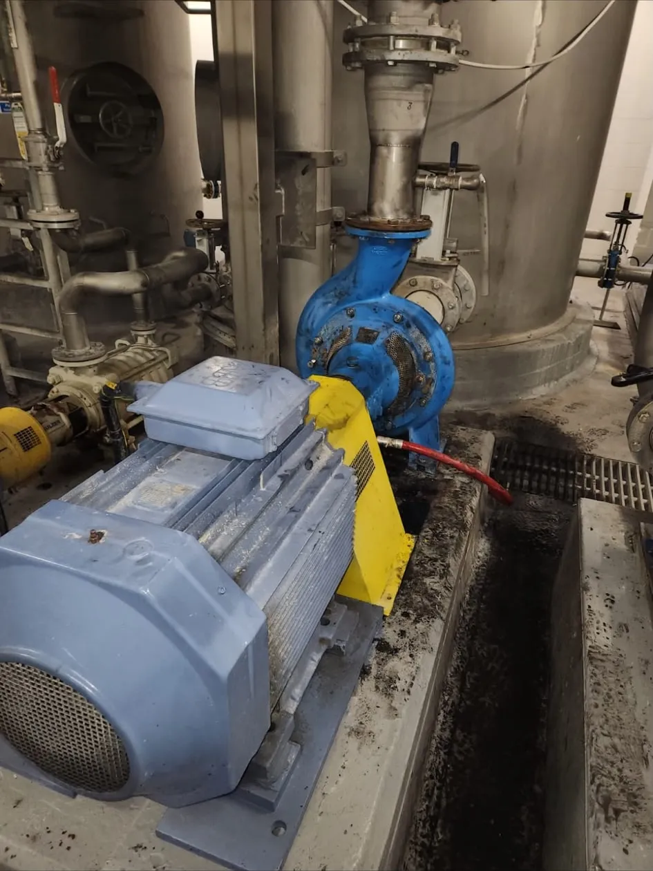A centrifugal pump and its motor installed on a common baseplate in a stock preparation plant, with the suction elbow down from the vessel above.
